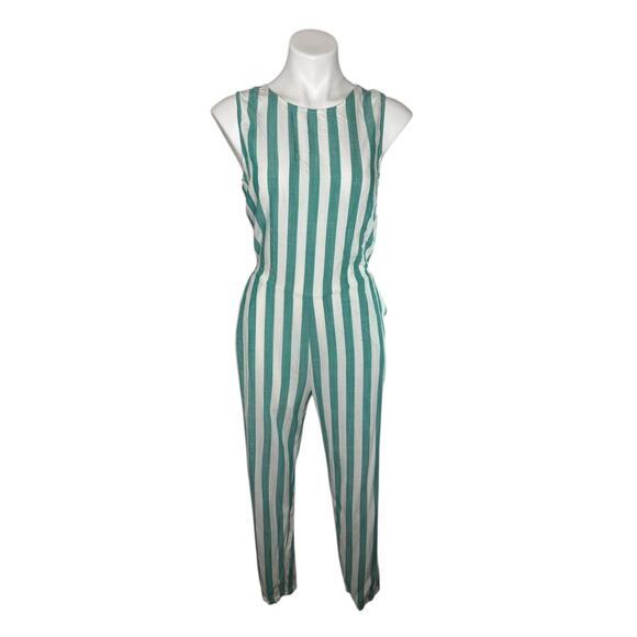 MARINE LAYER Eloise Jumpsuit in Green Lake/White Stripe Size Medium Women Tencel - Picture 1 of 11